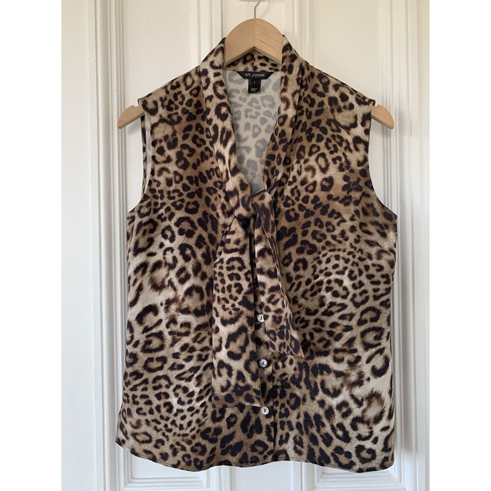St. John Silk Leopard Print Tie Neck Sleeveless Blouse Women's Size 6
